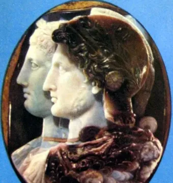 Gonzaga Cameo showing two carved profiles facing right in layered stone.