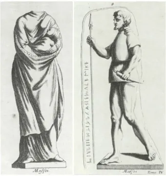 Side-by-side black and white illustrations, including the Stele of Avile Tite with a bearded male figure holding a spear and dagger.
