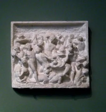 Battle of the Centaurs relief sculpture with densely carved intertwined figures in a chaotic struggle.