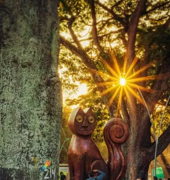 El Gato del Río cat sculpture with round eyes and a spiraling tail, surrounded by visitors outdoors.