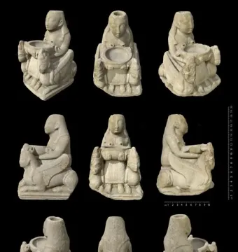Nine views of the Lady of Galera alabaster figurine showing a seated female figure with winged sphinxes and a circular basin against a black background.