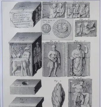 Engraving of the Nautae Parisiaci Pillar fragments, showing carved stone blocks, Latin inscriptions, relief figures, and associated ancient pieces arranged in a grid.