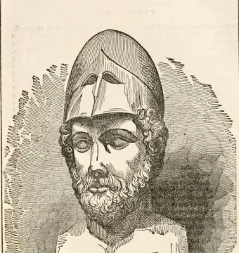 Bust of Pericles wearing a Corinthian helmet pushed back from his face.