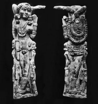Front and back views of the Pompeii Lakshmi, a richly carved female figure with elaborate jewelry and a decorated back panel.
