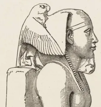 Khafre enthroned bust in profile with a nemes headdress and protective falcon behind the head.