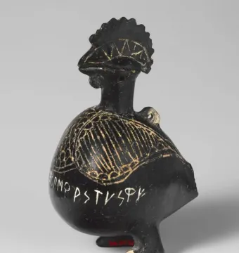 Viterbo Rooster black ceramic cockerel vessel with etched patterns and inscribed letters