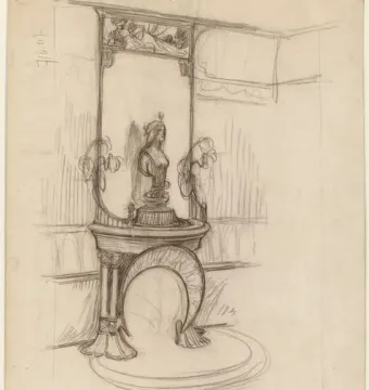 Pencil sketch of Nature, showing a crowned female bust on an ornate pedestal with decorative carved panels and flowing side elements.