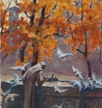 Saint Francis Fountain with a robed figure feeding white birds beside a stone fountain.