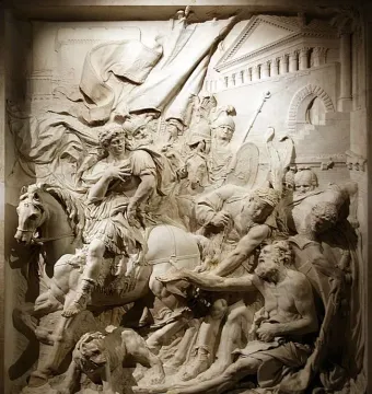 Marble relief of Alexandre et Diogène showing a mounted figure, soldiers, a dog, and a seated bearded man before classical architecture.