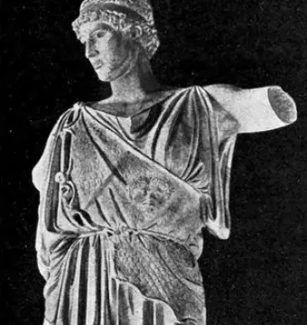 Athena Lemnia statue with draped robes, a gorgoneion on her chest, and missing arms