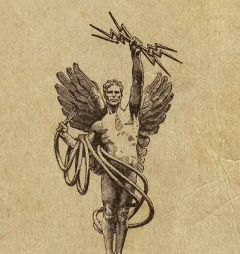 Spirit of Communication, a winged male figure standing on a globe with lightning bolts and coiled cables
