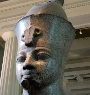 Colossal granite head of Amenhotep III displayed on a white pedestal in a museum