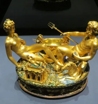 Cellini Salt Cellar with two reclining nude figures on an ornate gilded base