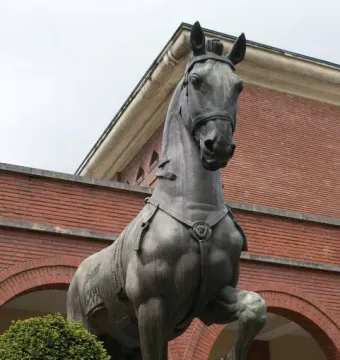 Monument to General Carlos M. de Alvear featuring a dark bronze horse statue with one front leg raised in front of a red brick building.