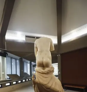 Venus Landolina marble statue seen from behind, with a nude upper body, draped lower half, and a partial dolphin at the base.