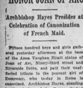 Scanned newspaper article about a Joan of Arc celebration and statue
