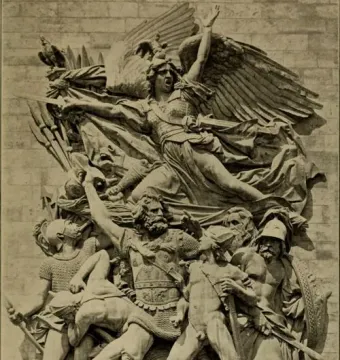 La Marseillaise relief sculpture showing a winged female figure leading a group of armed warriors in dramatic movement.