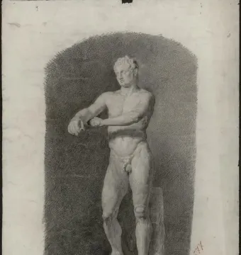 Monochrome drawing of the Apoxyomenos statue, showing a nude male figure scraping his right forearm with his left hand.