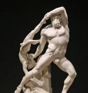Antonio Canova’s Hercules and Lychas marble sculpture showing Hercules lifting Lychas overhead.