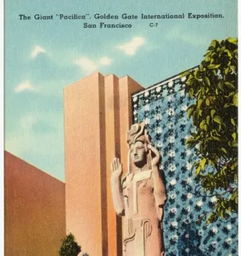 The Pacifica statue with raised hands stands beside a patterned wall and a multi-tiered building at the Golden Gate International Exposition.