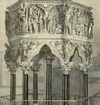 Black and white engraving of the Sant\' Andrea Pulpit, showing its octagonal carved upper level, gothic arches, and sculpted base with lions.