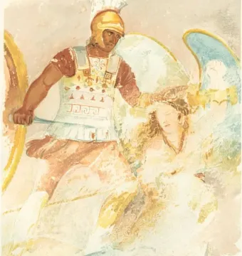 Painted scene from the Amazon Sarcophagus showing a warrior in a golden helmet confronting a winged figure with long hair.