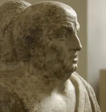 Double herm of Socrates and Seneca, with Seneca shown in profile and a second head partly visible behind him.