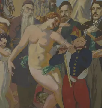 La Danse showing a nude red-haired woman dancing amid a crowded scene with musicians, bearded men, and a young girl.