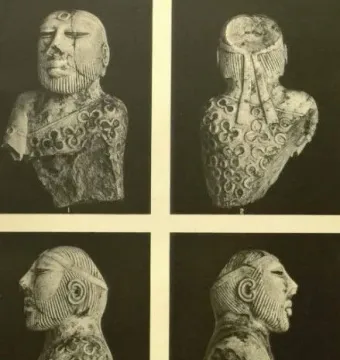 Four black-and-white views of the Priest-King statuette showing a bearded man with a serene expression, a forehead mark, and a patterned garment.