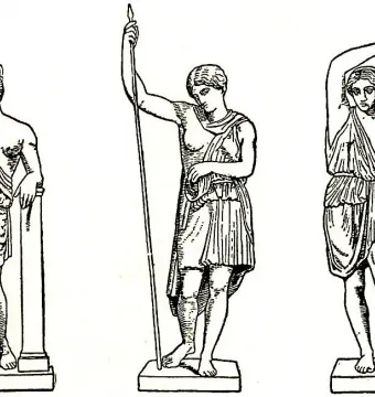 Three black-and-white drawings of classical Amazon statues, including two standing figures with spears and one leaning with a hand to her head.