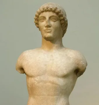 Apollo Strangford marble kouros statue with short curly hair and missing arms
