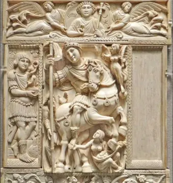Barberini Ivory carved ivory panel with a mounted central emperor, winged figure above, and smaller surrounding scenes.