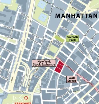 Map of lower Manhattan showing The Sphere marked with a red circle near Battery Park.