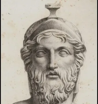 Monochrome engraving of the bust of Miltiades wearing a Corinthian helmet.