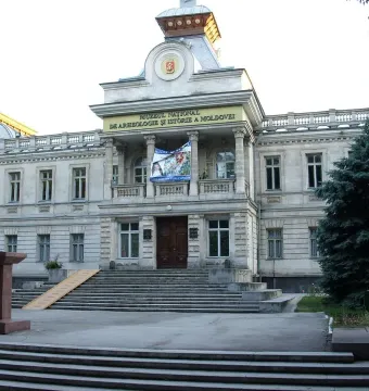 The grand facade of the National Museum of History of Moldova in Chisinau.