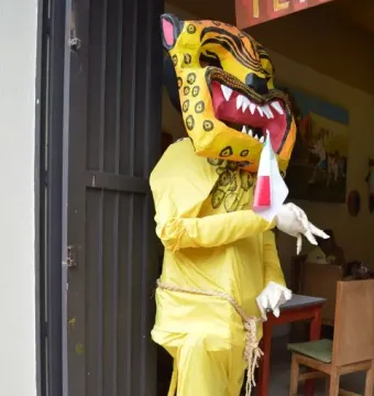 Mannequin wearing a yellow and black spotted jaguar mask, yellow jumpsuit, and white gloves, holding a small red, white, and green banner.