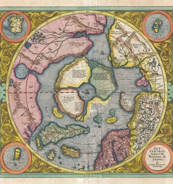 A detailed hand-colored antique Arctic map with circular projection and inset maps.