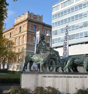 Marc Anton Group bronze sculpture of a seated figure in a chariot pulled by lions