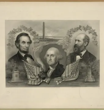 Allegorical print featuring portraits of Abraham Lincoln and George Washington, with the Washington Monument and a small Emancipation Memorial statue near the bottom.