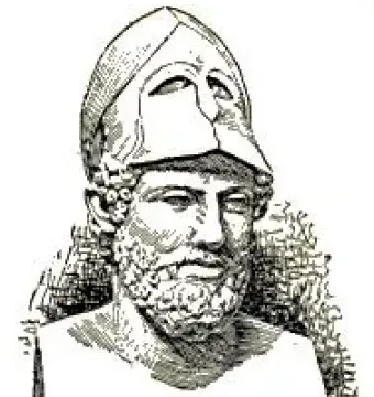 Bust of Pericles wearing a Corinthian helmet, shown in black and white line drawing.