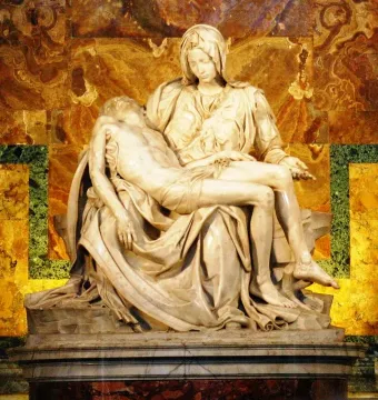 Michelangelo\'s Pietà, a white marble sculpture of the Virgin Mary cradling the body of Christ.