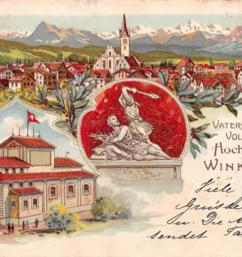 Winkelried Memorial shown as a stone relief with two figures, framed by a red oval and laurel wreath.