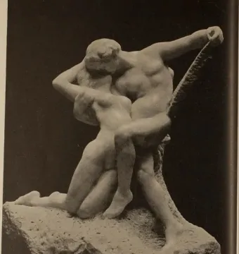 The Eternal Springtime sculpture by Auguste Rodin showing two nude figures in an embrace on a rough-textured base.