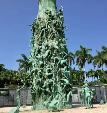 Holocaust Memorial sculpture in Miami Beach with a towering bronze cluster of human figures and surrounding statues
