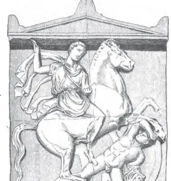 Stele of Dexileus relief showing a mounted horseman striking down a fallen soldier above a Greek inscription.