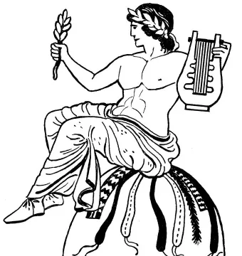 A black-and-white line drawing of a muscular man wearing a laurel wreath, holding a sprig of leaves and a lyre while seated on a decorated Omphalos.