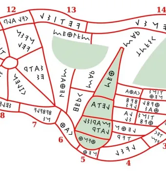Diagram of the Liver of Piacenza divided into numbered sections with inscriptions and red boundary lines.