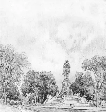 Pencil sketch of the Washington Monument framed by trees and a curving path in the foreground.