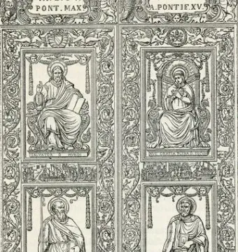 Filarete Door with two bronze panels filled with framed religious scenes, figures of Christ and saints, and decorative borders.