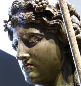 Head and upper right shoulder of the Tiber Dionysus bronze statue with wavy hair and a grape wreath, shown in three-quarter profile.